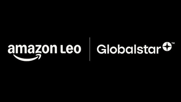Amazon Leo and Globalstar logos side by side on black background after merger deal.