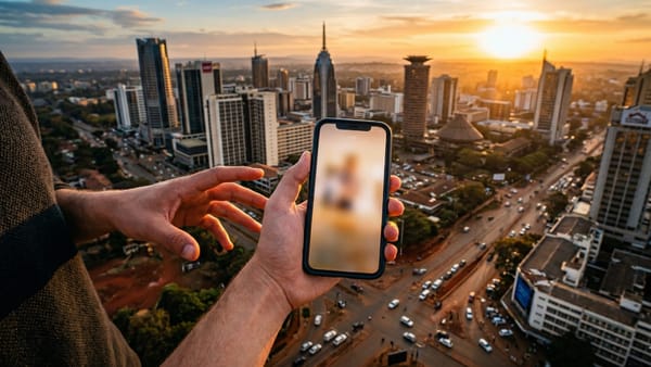 Nairobi skyline at sunset, hands holding smartphone with blurred social media video content.