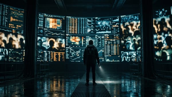 Marketer alone facing walls of data screens with blurred audience faces, unable to see clearly.