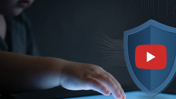 YouTube COPPA shield blocks data streams as child reaches toward screen, protecting privacy