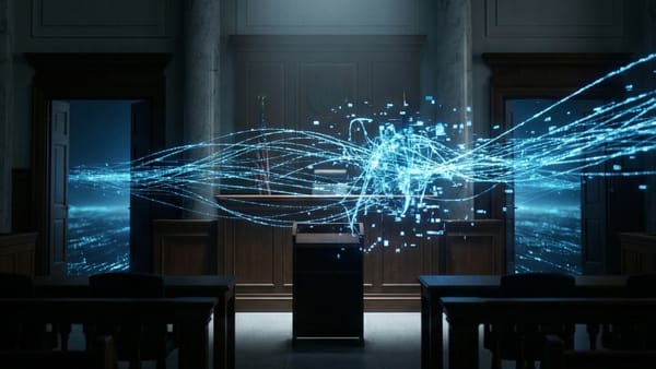Courtroom interior with glowing data streams converging at the judge's bench, digital privacy law.