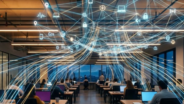 Open-plan office with data streams flowing from employee laptops into a surveillance network above.