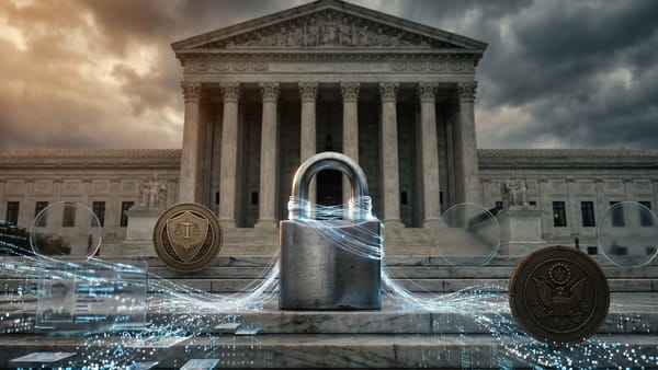 Steel padlock with fiber-optic data streams on US courthouse steps, FTC and Congress seals