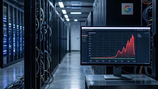 Google Search Console server room with spiking impressions graph and Google logo, data error.