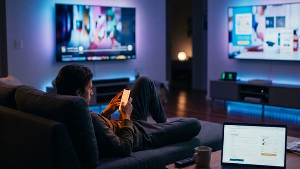 Consumer on sofa using phone and laptop while two screens stream content simultaneously.