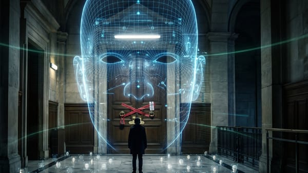 Holographic face scan looms over lone figure facing locked door, biometric data scattered below.