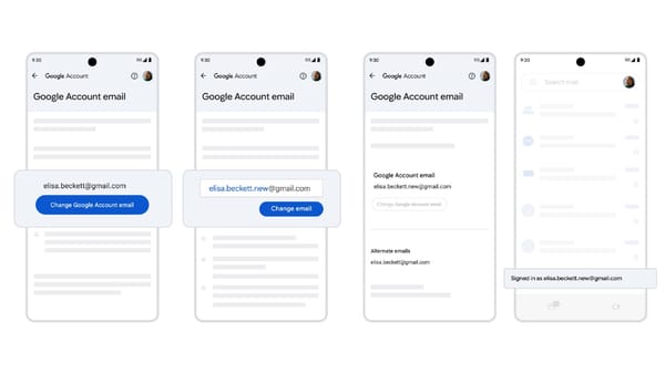 Google Account email change flow on Android showing username update steps and alias confirmation.