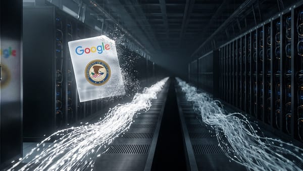 Server hall with two data streams and a Google DOJ court document, illustrating FastSearch