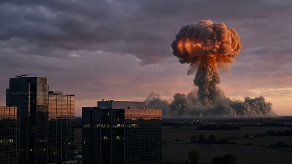 Nuclear mushroom cloud rises over Illinois prairie as corporate towers stand shielded nearby.