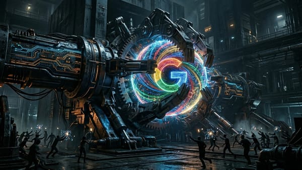 Industrial machine gripping Google's data monopoly as rivals struggle for access.