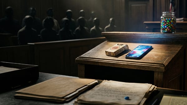 Courtroom with cigarette pack, smartphone and M&M jar echoing Big Tech addiction trial