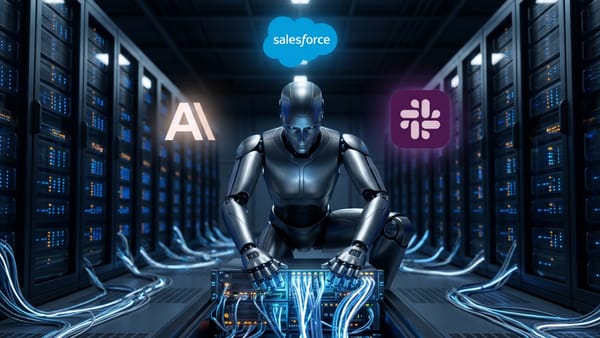 AI robot connecting directly to server infrastructure with Salesforce, Anthropic, and Slack logos