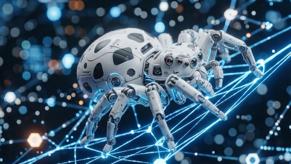 Robotic spider bot crawling a glowing digital web, representing OpenAI OAI-AdsBot crawler