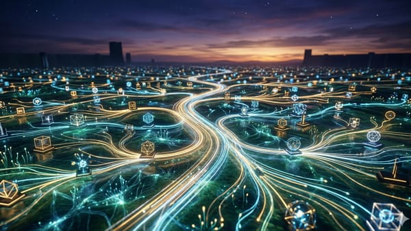 Open digital garden with data streams flowing freely across platforms at twilight.