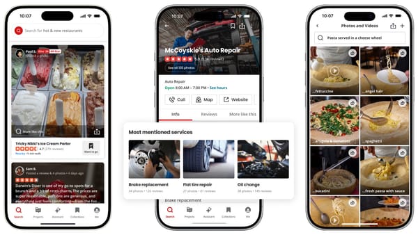 Yelp app showing home feed, Popular Offerings for auto repair, and natural language photo search