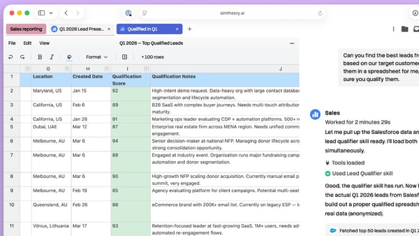 Simtheory AI agent qualifying sales leads in a spreadsheet on simtheory.ai platform