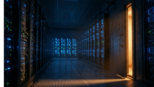 Server room with open door casting amber light, symbolising Europe's child safety legal gap.