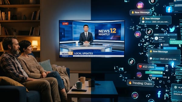 Couple watches TV news broadcast as social media notifications scatter in digital chaos.