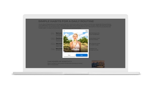 Vignette ad appearing over a publisher page on desktop, blocking content with a Close and Open button.Check character countCheck character count
