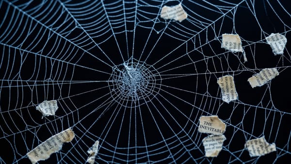 Spider web trapping torn newspaper fragments, symbolizing Google's grip on news publishers.