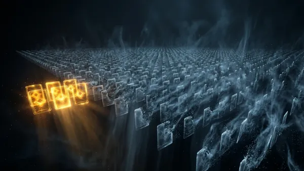 Thousands of glowing subscription cards dissolving into ash, with only 5% surviving in gold light.