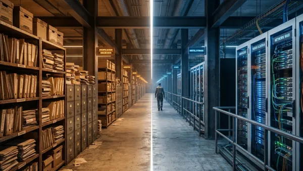 Split corridor contrasting analog document archives with AI server racks and fiber cables