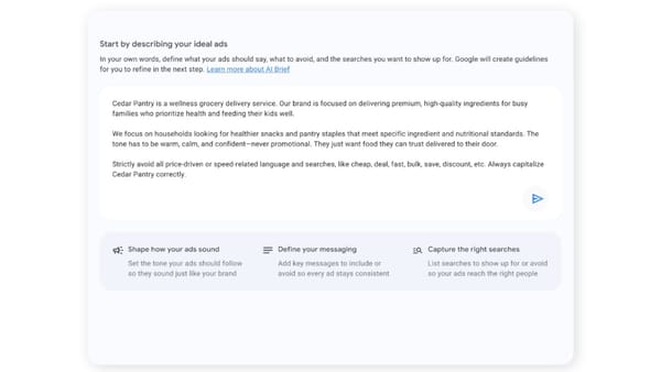 AI Brief interface in Google Ads showing freeform brand input for AI Max campaigns 
