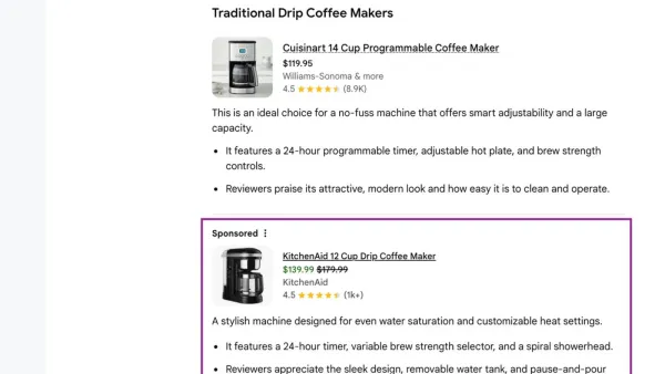 Google AI Mode showing a sponsored KitchenAid listing between organic coffee maker results.