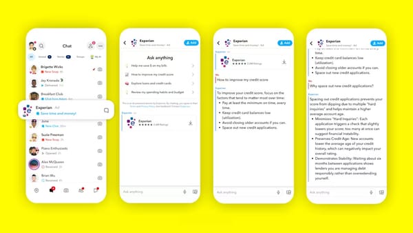 Snapchat Chat tab showing Experian AI Sponsored Snap with credit advice conversation