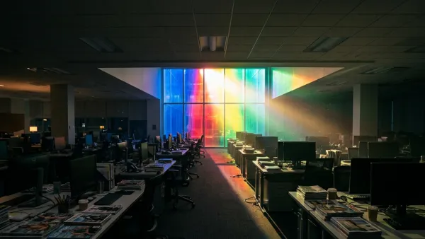 Empty publisher newsroom bathed in Google's colours as search traffic dependency drains revenue