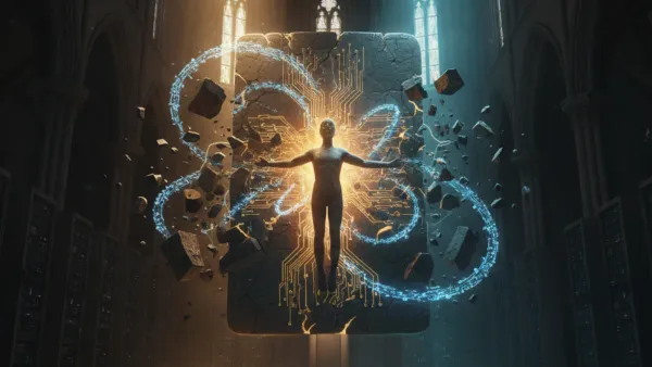 Human figure defies AI circuit tendrils inside a cathedral of code and stone