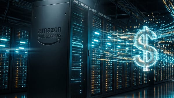 AWS data center with Amazon Web Services logo and holographic dollar sign, Q1 2026 earnings