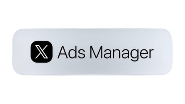 X Ads Manager logo on a silver pill badge, announced in the April 2026 platform rebuild.