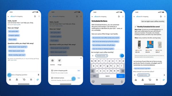 Alexa for Shopping app screens showing chat interface, Scheduled Actions, and coffee recommendations
