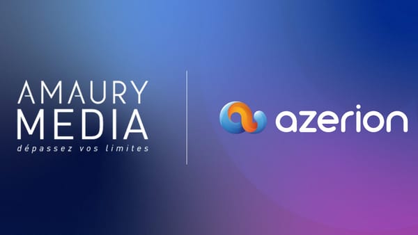 Amaury Media and Azerion logos announcing L'Equipe podcast ad partnership in France.
