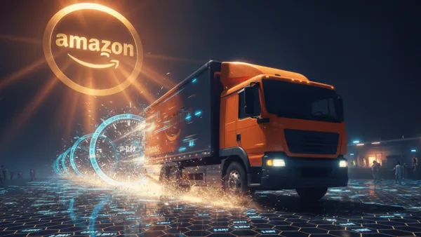 Amazon delivery truck speeds through a glowing hexagonal grid under a Prime badge sun.