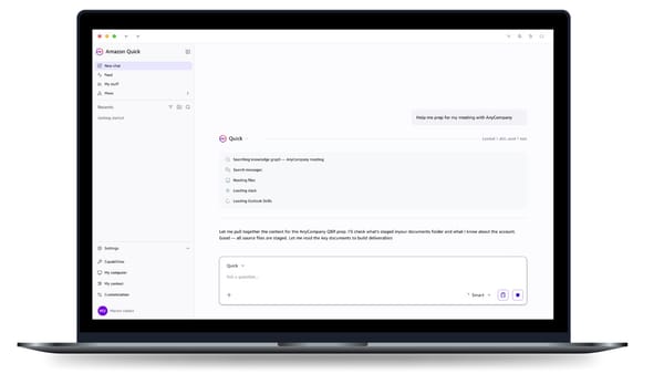 Amazon Quick desktop app searching knowledge graph and Slack before a client meeting