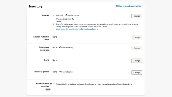 Amazon DSP inventory section showing automatic deal selection checkbox in beta