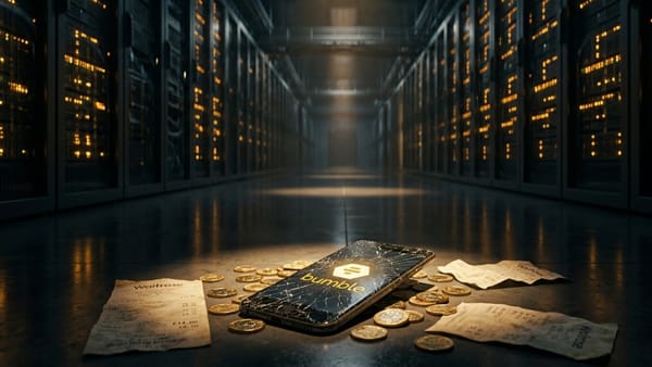 Bumble app on cracked phone with gold coins in server corridor, Q1 2026 earnings