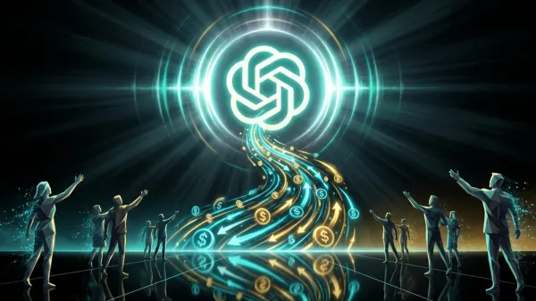 OpenAI ChatGPT logo radiating light as conversion arrows and coins flow toward advertisers.