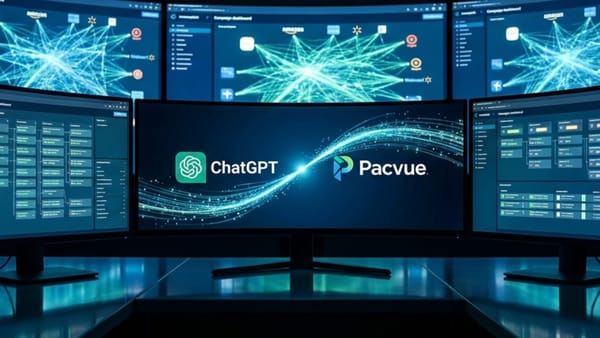 Pacvue and ChatGPT logos connected on a command center screen with retail media dashboards.