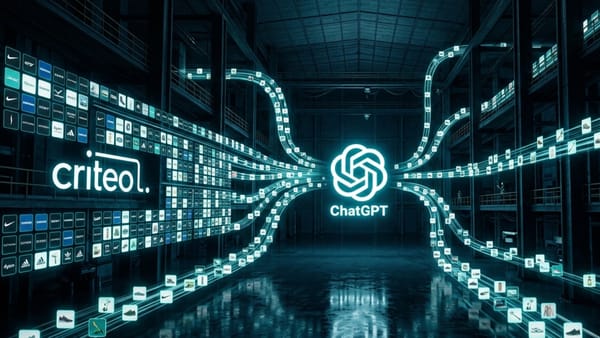 Criteo and ChatGPT logos connected by glowing product card streams in a dark warehouse.