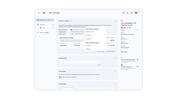 Demand Gen prefill interface showing recommended and other available source campaigns list