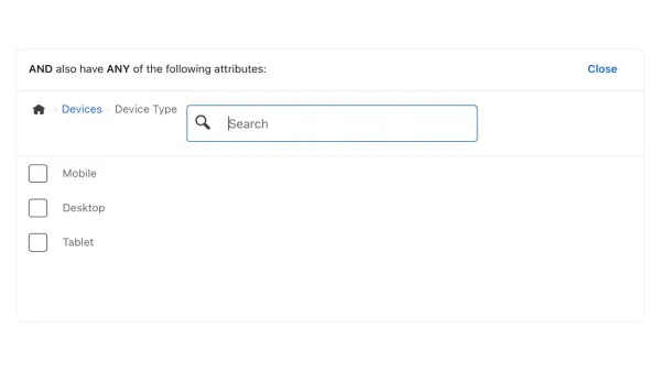 LinkedIn Campaign Manager Device Type targeting panel showing Mobile, Desktop, and Tablet options.