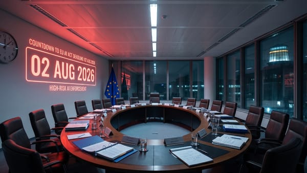 Empty EU council chamber at night with red-lit 2 August 2026 AI Act deadline projection.