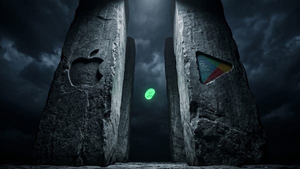 Apple and Google Play stone pillars trap a glowing Freecash coin in darkness