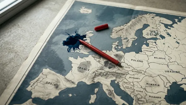 Printed Europe map with an ink stain over Ireland, marking GDPR fine concentration, 2018-2026.