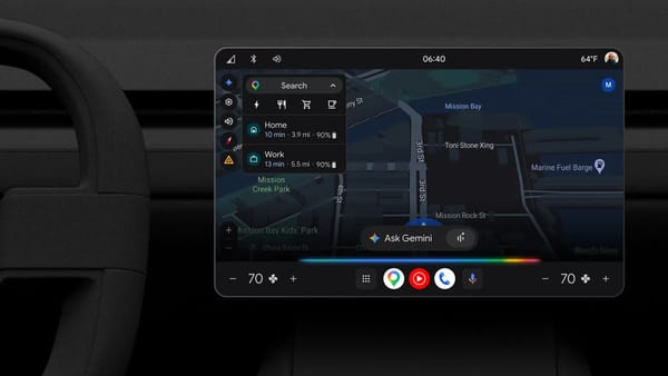 Car dashboard screen showing Gemini AI assistant with Google Maps navigation interface