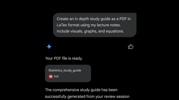 Gemini chat interface generating a Statistics study guide PDF from lecture notes