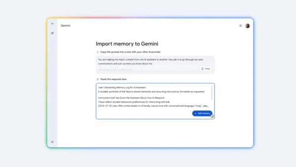 Gemini import memory interface showing two-step prompt and paste workflow